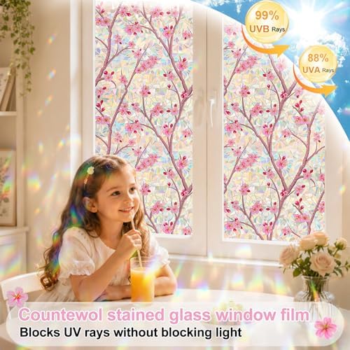 Countewol Stained Glass Privacy Window Film Static Cling Window Film Anti-Glare UV Protection Removable Decorative Window Clings for Home（Rainbow Sakura 78.7" L*45.27" W - Image 5