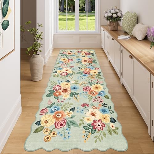 DUKINO 3x8 Kitchen Runner Rug, Soft Floral Washable Rug for Hallway, Green by DUKINO