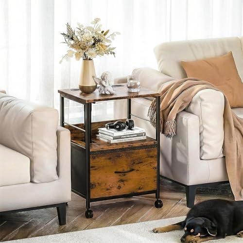 Faesun Swivel Lift Top Nightstand, Rolling Side Table for Recliner, Bedside Table with Wheels & a Fabric Drawer, for Small Spaces, for Bedroom, Living Room, Brown - Image 2