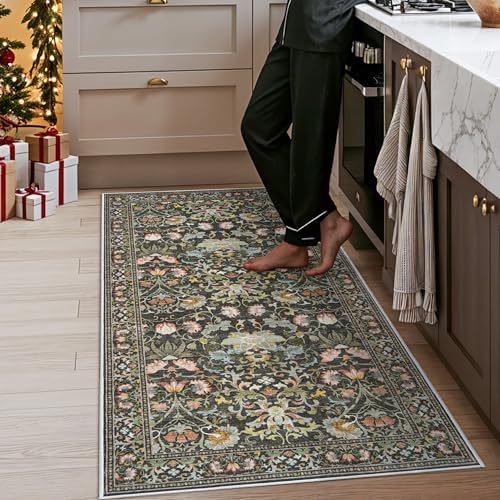 3x6 Washable Hallway Area Rugs: Vintage Floral Entryway Kitchen Runner Rug Ultra Soft Anti-Slip Beside Carpet Indoor Farmhouse Floor Mat for Bathroom Living Room Bedroom Durable Doormat(3x6,Green) - Image 5