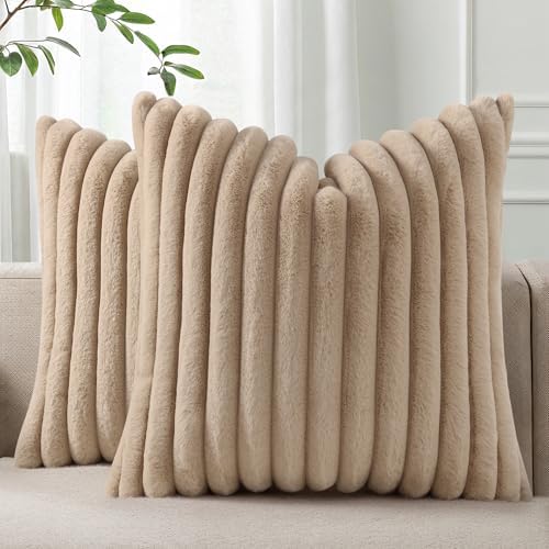 Pallene Faux Fur Decorative Throw Pillow Covers 20x20 Set of 2, Khaki by PALLENE