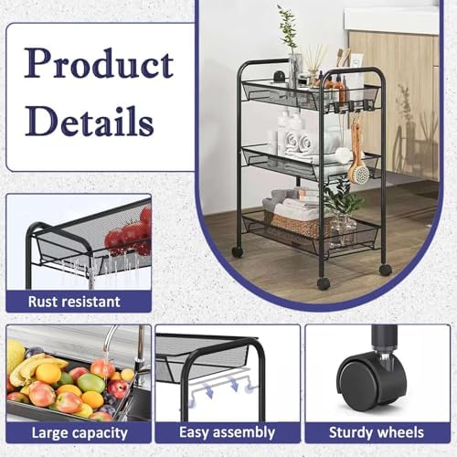 3 Tier Metal Rolling Storage Cart Movable, with Wheels, Hooks - Image 5