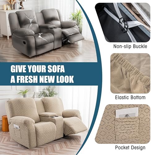 Genina Waterproof Recliner Loveseat Cover,2 Seat with Console,Khaki - Image 5