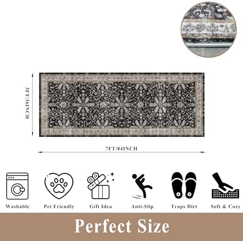 3x7 Washable Non-Slip Kitchen Runner Rug – Soft Low-Pile Stain-Resistant Carpet for Hallway Entryway Bedroom Laundry Room Bathroom – Boho Floral Wide Floor Runner with Rubber Backing (Black,3x7) - Image 2