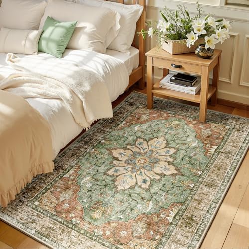 RELEANY Washable Area Rug, 3'x5', Brick/Brown/Green by RELEANY