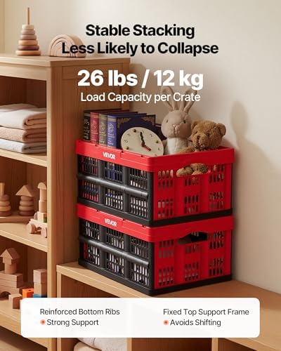 VEVOR Plastic Collapsible Storage Bins, 32L 3 Packs, Stackable Folding Storage Crates with Handles, Holds 26 lbs Per Bin, Foldable Heavy Duty Containers, Space-Saving Baskets, for Home Organizing - Image 2
