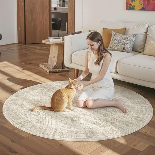 Soalmost 6x6 Beige Round Rug 6ft Circle Living Room Area Rugs Non-Slip - Image 4