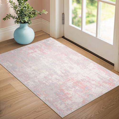 RELEANY Washable 3'x5' Abstract Area Rug for Living Room Gray Pink - Image 3