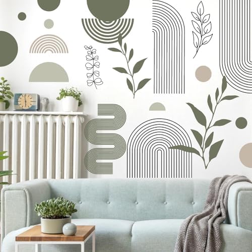 Boho Arch Wall Stickers Black Line Wall Decals Green Leaf Sticker Large Geometric Decal Aesthetics Room Mural Decor Modern Abstract Sticker for Living Room Bedroom Decor - Image 3