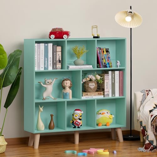 LEYAOYAO 8 Cube Bookshelf, Mid-Century Modern Book Shelf with Legs, Green - Image 2