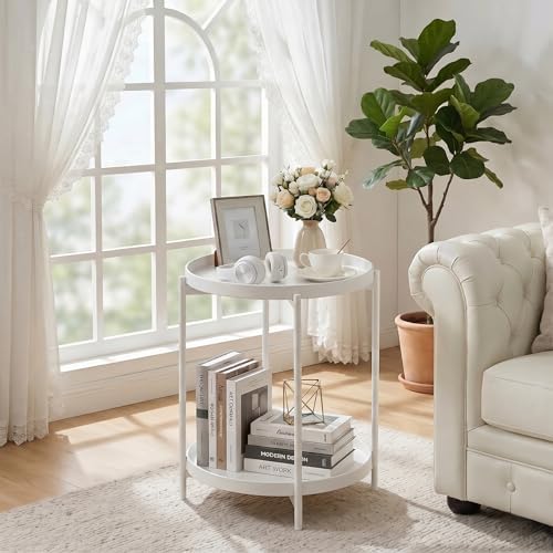 TeoKJ 2 Tier Round Side Table, Folding Round Metal End Table Small Nightstand with Two Removable Tray for Bedroom Living Room Bedside Small Spaces White - Image 2