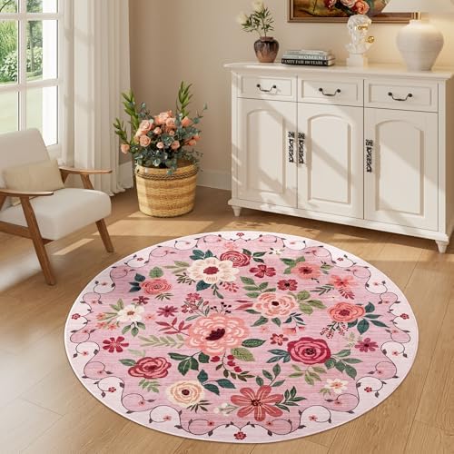 DUKINO 4ft Round Rug, Floral Washable Small Round Area Rug Non Slip, Pink by DUKINO