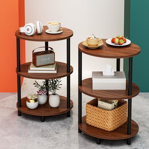 Small Round Side Table - 3-Tier Oval Accent Table for Small Spaces, Rustic Wood and Metal Couch End Table, Nightstand for Bedroom or End Table Living Room, Set of 2, Rustic Walnut by RISWER