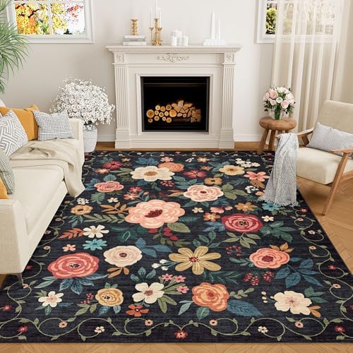 DUKINO 8x10 Area Rugs, Floral Washable Living Room Rug Non Slip, Black by DUKINO