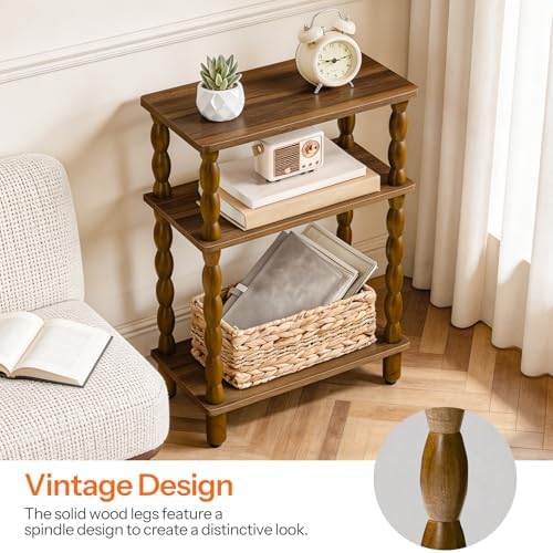 HOOBRO Narrow Side Table, Skinny End Table with Storage, Solid Wood Legs, 3-Tier Bedside Table Nightstand for Small Space, Living Room, Bedroom, Sofa Couch, Walnut WL462BZ01 - Image 4