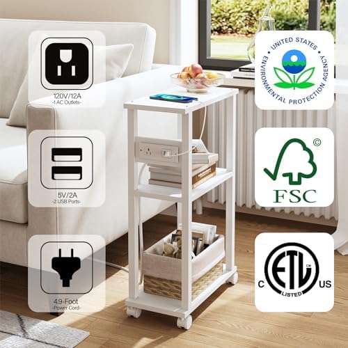 TUTOTAK Small Narrow Side Table with Charging Station, Skinny End Table - Image 5