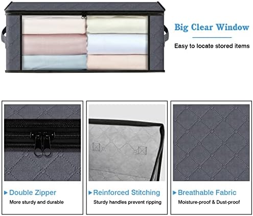 HomeHacks Storage 4-Pack Clothes Organizer Storage Bags Foldable Storage Box with Large Clear Window Sturdy Handles for Closet, Dorm, Pillows, Bedding, Clothes, Stuffed Toys, Blankets, Grey - Image 3