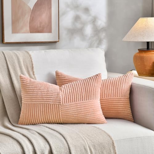 Fancy Homi 2 Packs Peach Lumbar Decorative Throw Pillow Covers 20x28 Inch for Living Room Couch Bed Sofa, Rustic Farmhouse Boho Home Decor, Soft Striped Corduroy Rectangle Accent Cushion Case 50x70 cm - Image 5