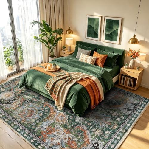 RUGSURE Washable Area Rugs - Perfect for Living Room, Bedroom, Kids Room, Nursery - Stain & Water Resistant Non-Slip, Pet & Child Friendly, Vintage Tribal Area Rugs (Green, 8' x 10') - Image 2