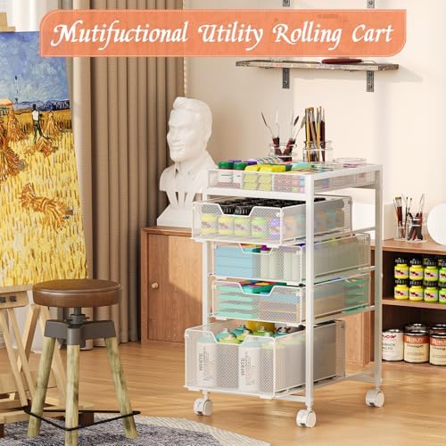 Rolling Utility Cart with 4 Drawers, Craft Organizer and Storage Carts with DIY Divider, Lockable Wheels Storage Organizer for Art Supplies, Store for Brushes & Paints & Artifacts, White - Image 3