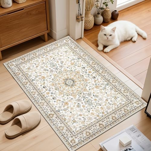 2x3 Area Rugs Living Room: Washable Vintage Rug for Bedroom Beige - Image 2