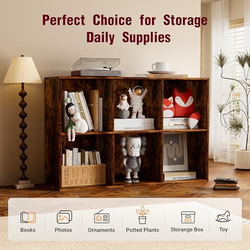 Book Shelf, Wooden Cube Storage Organizer with 11" Open Cubes, Stackable Bookcase for Room Divider Storage, 2 Tier Bookshelf for Living Room, Bedroom, Office (Indonesian Antique Oak, 6-Cube) - Image 6