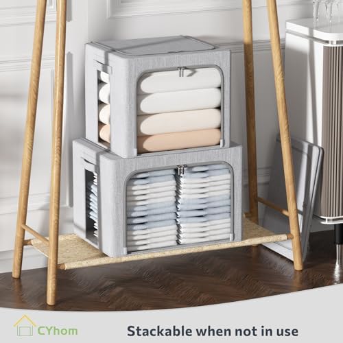 CYhom Clothes Storage Bins Box - Linen Fabric Foldable Stackable Container Organizer Set with Clear Window & Carry Handles & Metal Frame (Light Grey, Medium-36L) - Image 6