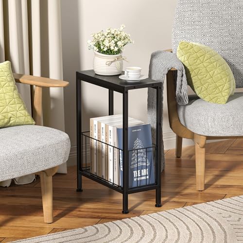 Narrow Side Table, Skinny End Tables with Magazine Holder, Small Sofa Table for Small Spaces, Space-Saving Design, Slim Nightstand Bedside Table for Living Room, Bedroom, Office, Black - Image 2