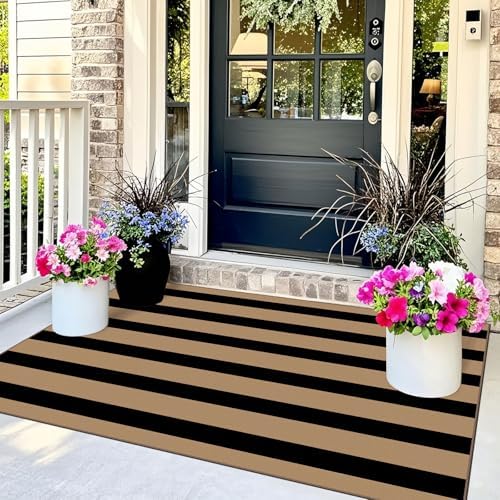 Black Tan Striped Entry Rug - 3x5 Non-Slip Indoor Outdoor Rugs - Image 3