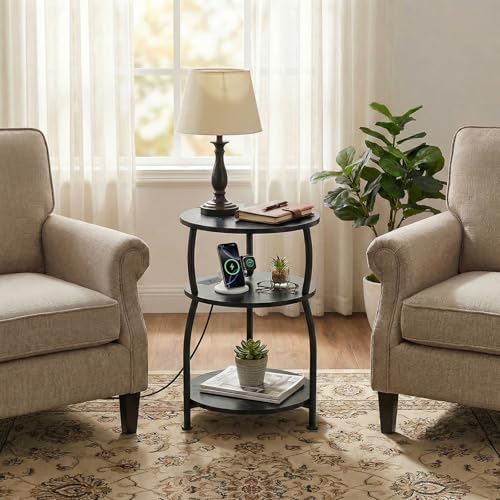 Round Side Table with Power Outlet, USB Type C Port, 3-Tier End Table - Image 6