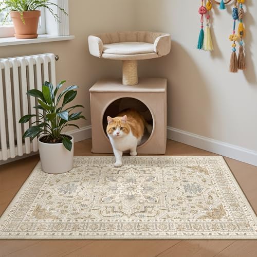 Madane Washable Area Rug 2x3 Small Entryway Rugs Non-Slip, Beige/Blue - Image 2
