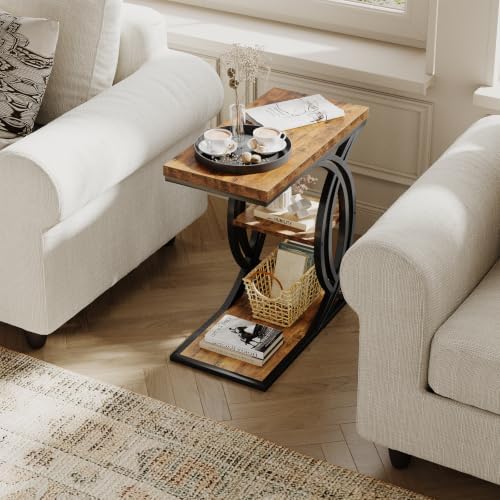 C Shaped End Table, Bed Side Table, 3-Tier Side Table with Metal Frame, Wood End Table with Storage for Living Room, Couch, Sofa, Bedroom, Easy Assembly, 23.6" D*11.8" W*23.6" H, Rustic Brown - Image 2