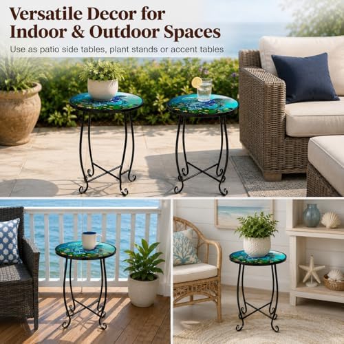 2-Pack 15 Inch Tall Mosaic Patio Side Tables Style, Metal Folding Turtle Table Set, Shatterproof Outdoor Patio Table for Porch Deck, Rust Resistant Small Garden Table (Set of 2) - Image 7