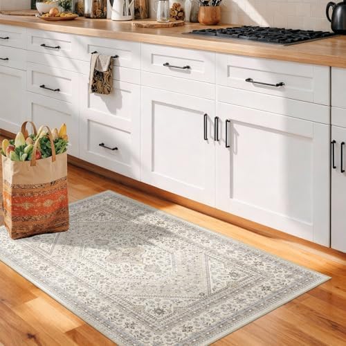 2x4 Washable Entryway Area Rug - Non-Slip Boho Throw Rugs Beige Gray - Image 2