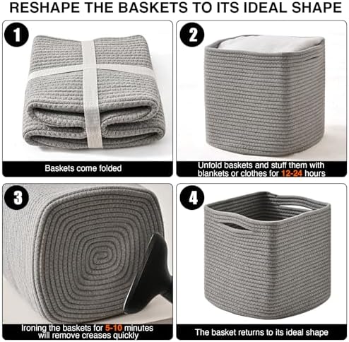 ICERZCZ 11 Inch Cube Storage Bins, Storage Cube Organizer Bins, Woven Cotton Rope Basket for Storage, Storage Baskets for Organizing Shelves, Grey Baskets for Toys Nursery, Grey (Pack of 3) - Image 7