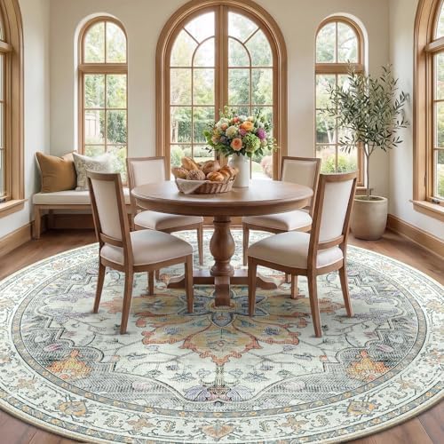 RELEANY Washable Area Rug, Round 10ft, Beige/Carbon Grey/Orange - Image 3