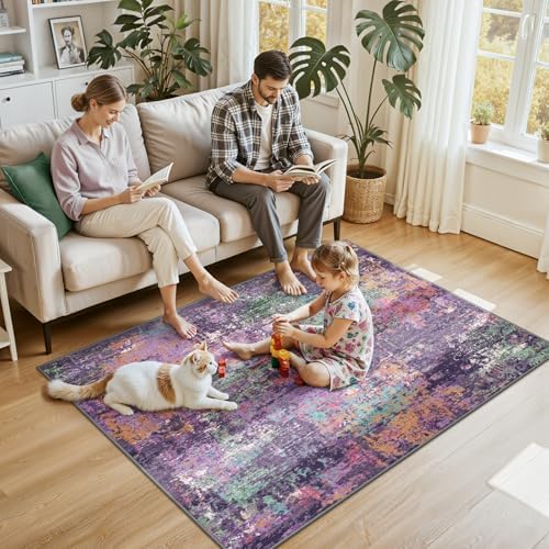 RELEANY Washable 4'x6' Abstract Area Rug for Living Room Purple Multi - Image 2