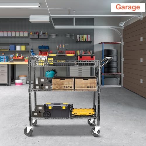 BolDuck Heavy Duty Utility Cart, 990Lbs Capacity 3 Tier Rolling Carts with Wheels, Kitchen Cart on Wheels with Storage, Commercial Grade Metal Serving Carts with Wire Shelving &Handle Bar, Black - Image 2