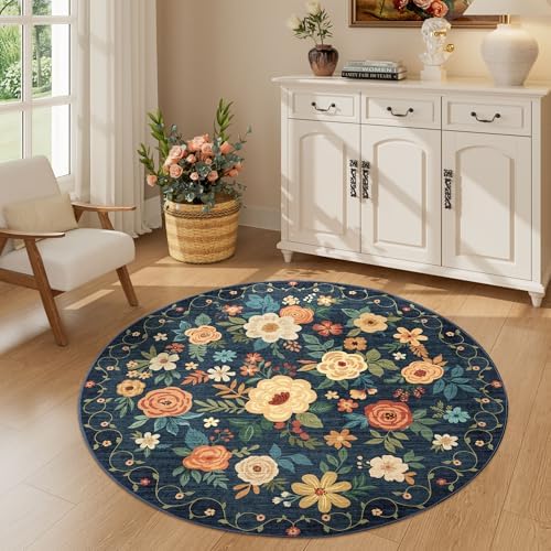 DUKINO 4ft Round Rug, Floral Washable Small Round Area Rug, Navy Blue by DUKINO