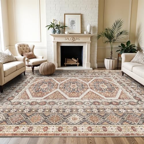 10x12 Area Rug Washable Vintage: Non Slip Living Room Large Rugs Brick - Image 4