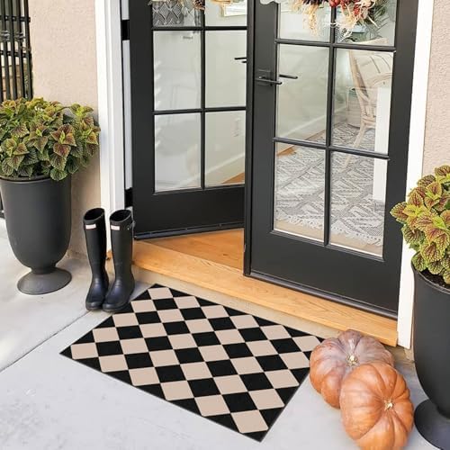 Indoor Outdoor Front Door Mat - 2x3 Black Tan Checkered Diamond Rug - Image 4