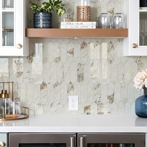 Vamos Tile Glossy Pandora Marble with Gold Veining Backsplash Tile Peel and Stick, 12.8 x 12.8 Inch 1 Sheet Long Hexagon PVC Self Adhesive Mosaic Tiles Stick on Backsplash for Kitchen and Bathroom - Image 3