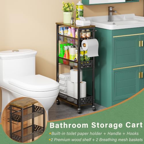 OKZEST Slim Bathroom Organizers and Storage Cart with Toilet Paper Holder - Image 2