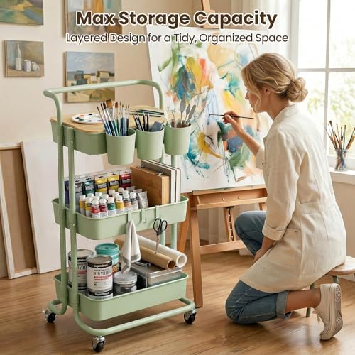 3 Tier Rolling Cart, Multifunctional Storage Cart with Table Top - Image 5