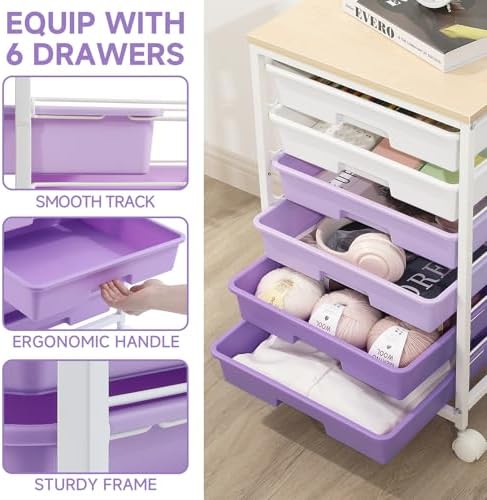 Sykiariol Rolling Cart with 6 Drawers,Purple - Image 4
