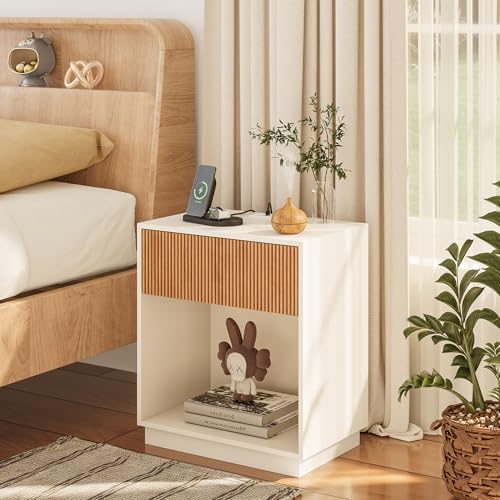 End Table with Charging Station, Fluted Nightstands Set of 2,Modern Bedside Table with Drawer and Storage Shelf, Wood End Table Mid Century Night Stands for Bedroom Living Room(White+Oak) - Image 3