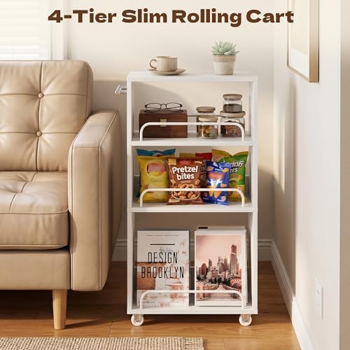 7.7'' Slim Rolling Storage Cart 4 Tier Wood Utility Cart Spice Rack Kitchen - Image 4