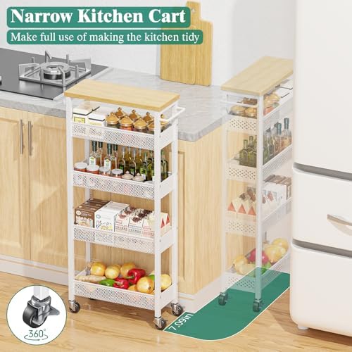Giwil Slim Storage Cart 5 Tier Narrow Kitchen Rolling Cart on Wheels for Small Space, Metal Utility Cart Narrow Bathroom Storage Cabinet Mobile Shelf Unit Organizer with Wood Top and Handle, White - Image 2