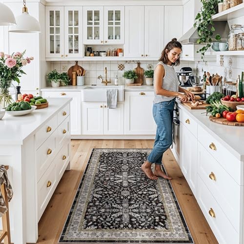 3x6 Kitchen Runner Rug Non Slip Washable - Soft Low Pile Stain-Resistant Wide Carpet Runner for Hallway Entryway Bedroom Bathroom with Rubber Backing - Boho Floral Door Mat(Black,3x6) - Image 3