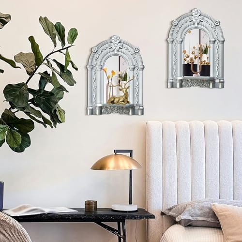 2 Set Vintage Candle Wall Sconce for Home Decor Living Room Bedroom Office Wood Antique Mirrored Victorian Mounted Candlestick Wall Holder Relief Hanging Decor -Silver 11.8in - Image 6